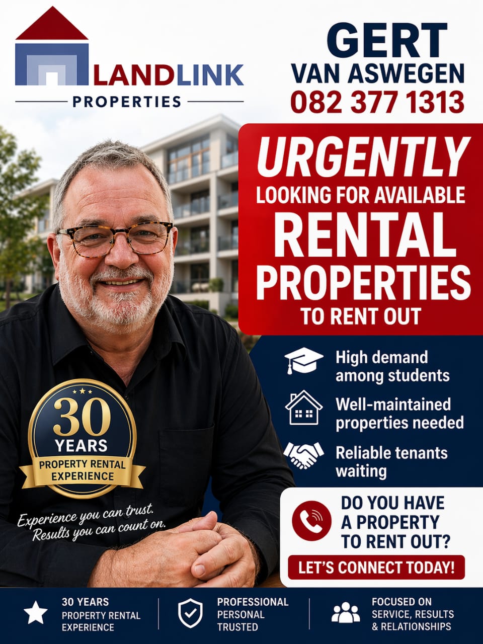 Gert van Aswegen of Landlink Properties — 30 years of property rental experience
